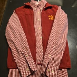 Red Gingham Long Sleeved Shirt with Vest
